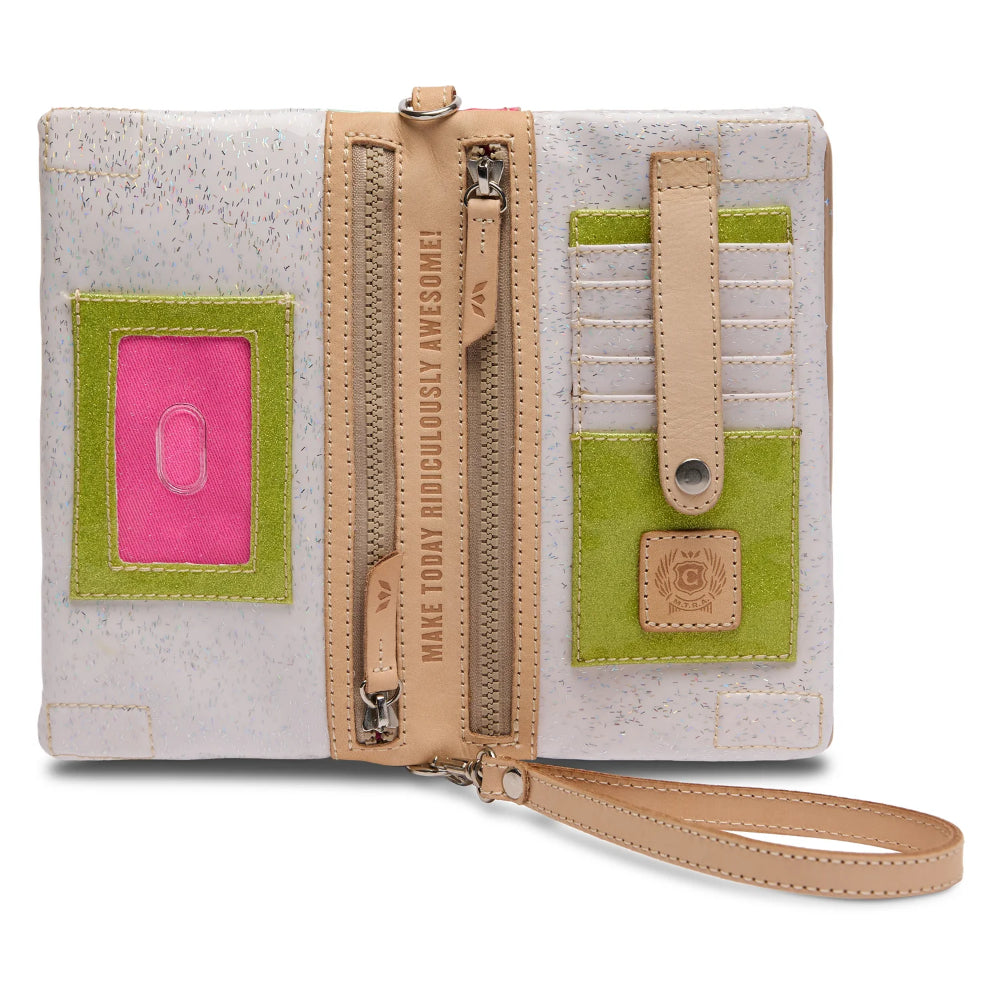 Multicolored wallet with a strap on a white background