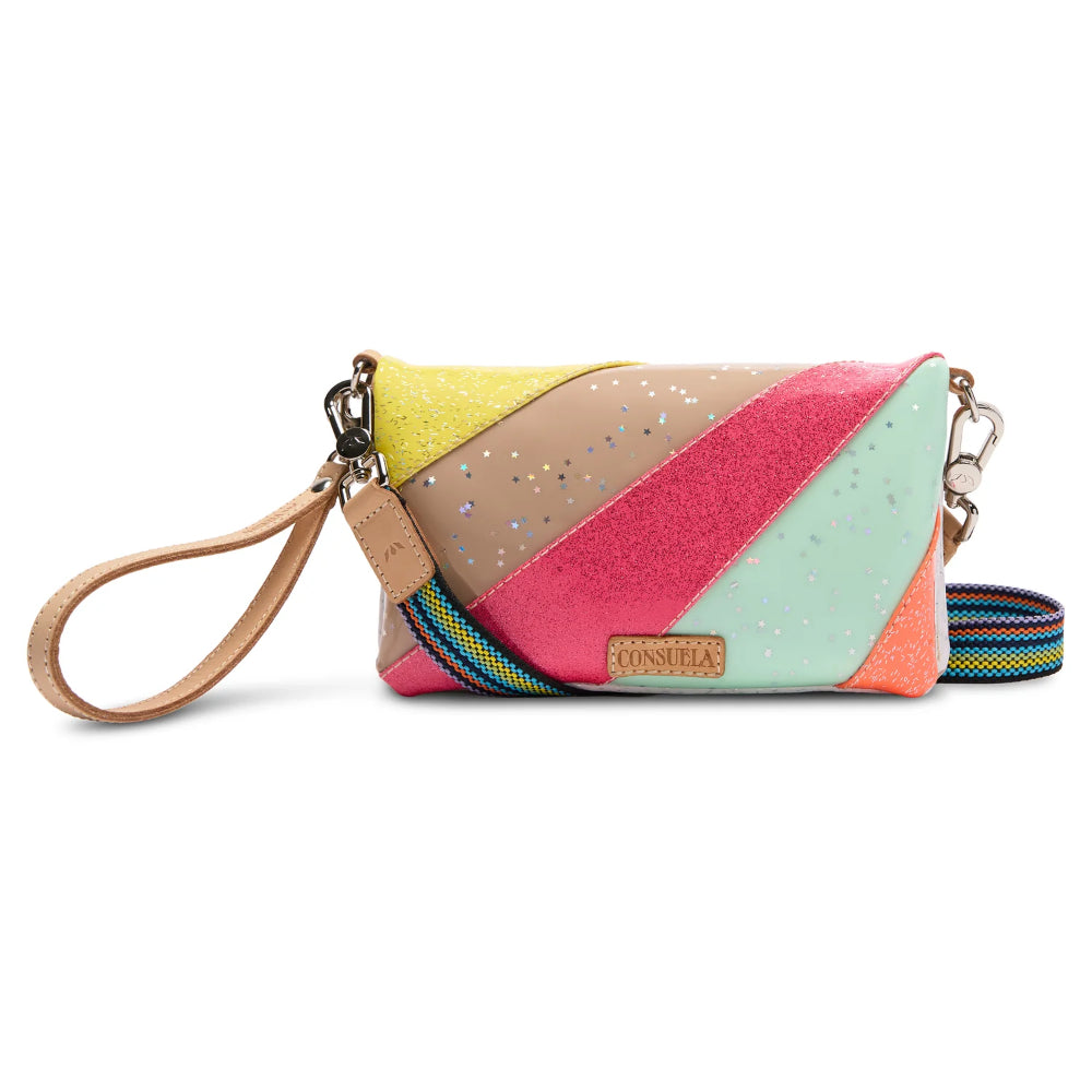 Colorful patchwork handbag with a strap on a white background