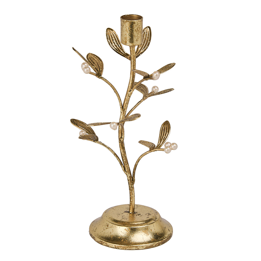 A decorative gold-toned metal candlestick holder shaped like a branch with leaves and small pearl-like beads, set against a plain white background.