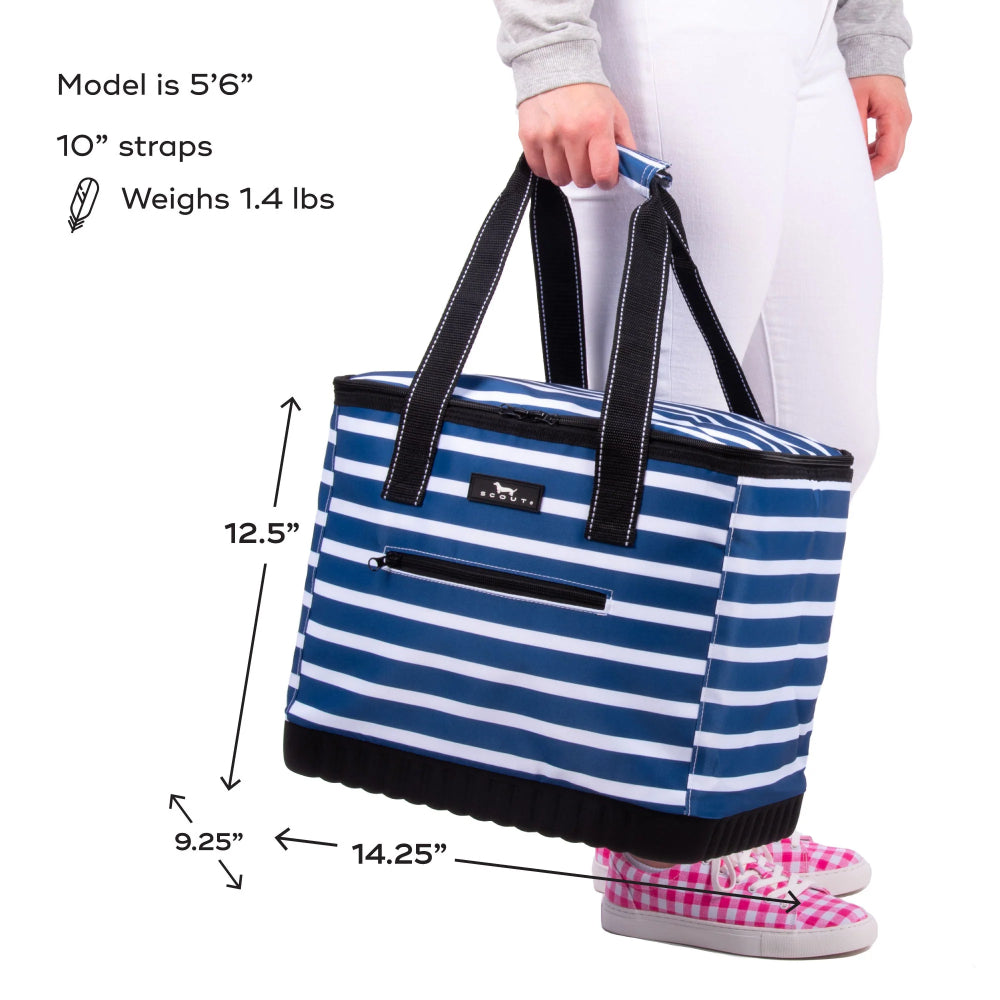 A soft cooler with navy blue and white horizontal stripes, featuring black straps and a reinforced bottom. Included on graphic is measurements of soft cooler bag. 