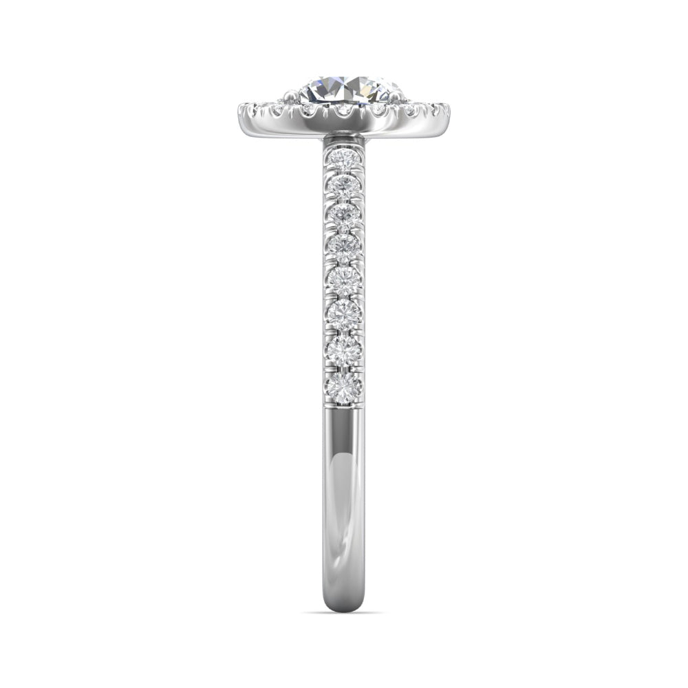 Diamond ring with a white gold band on a white background