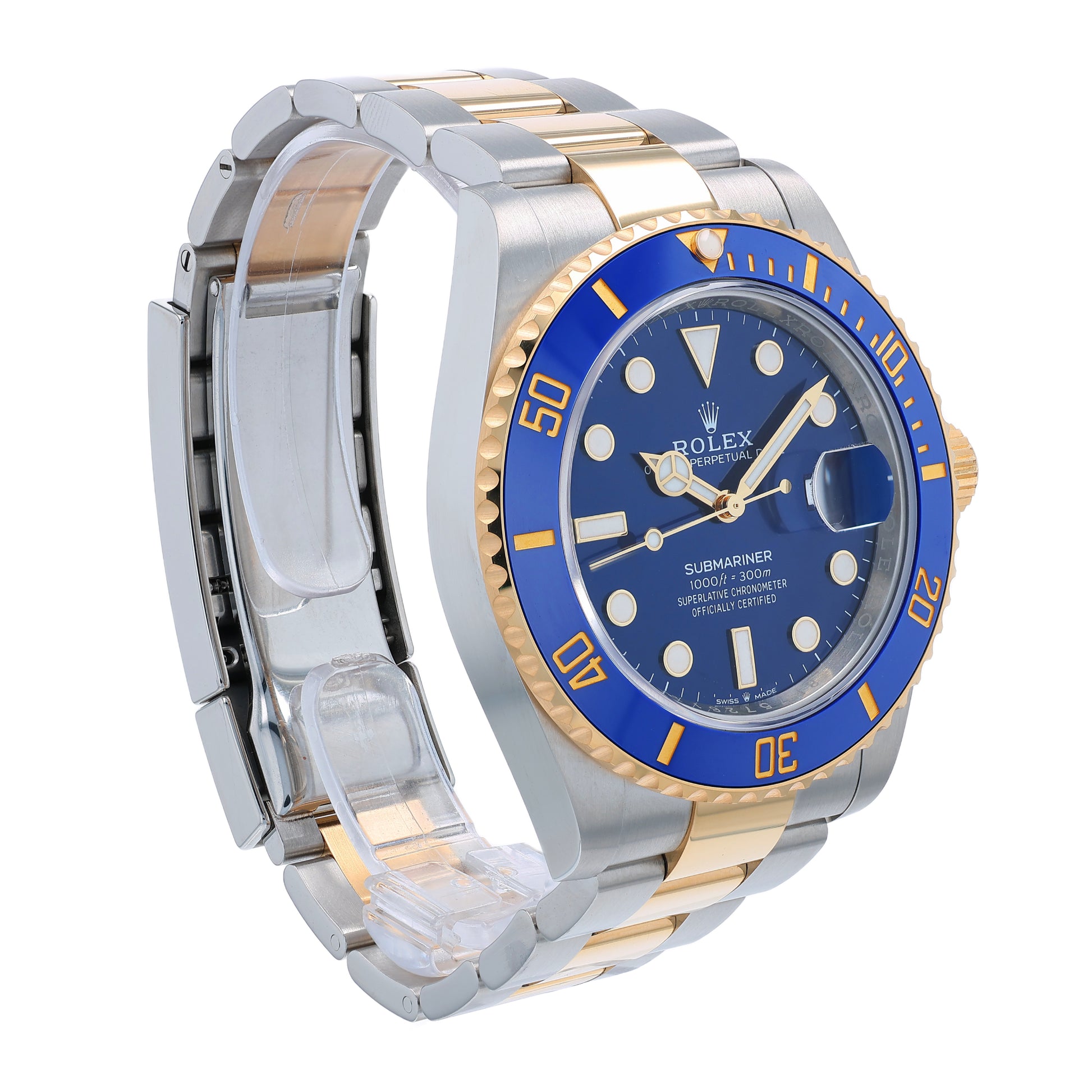 Angle of a two-tone Rolex Submariner watch with blue dial and ceramic bezel on a white background