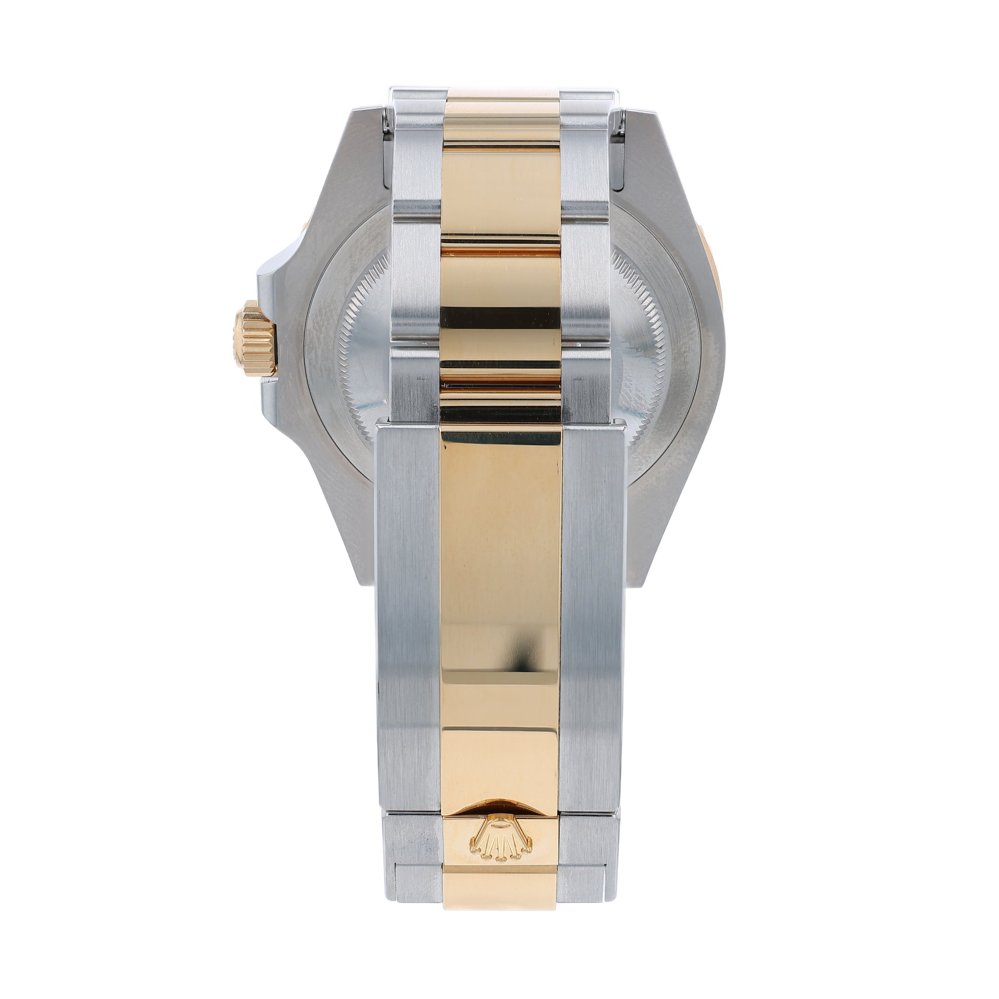Back angle of a two-tone Rolex Submariner watch on a white background