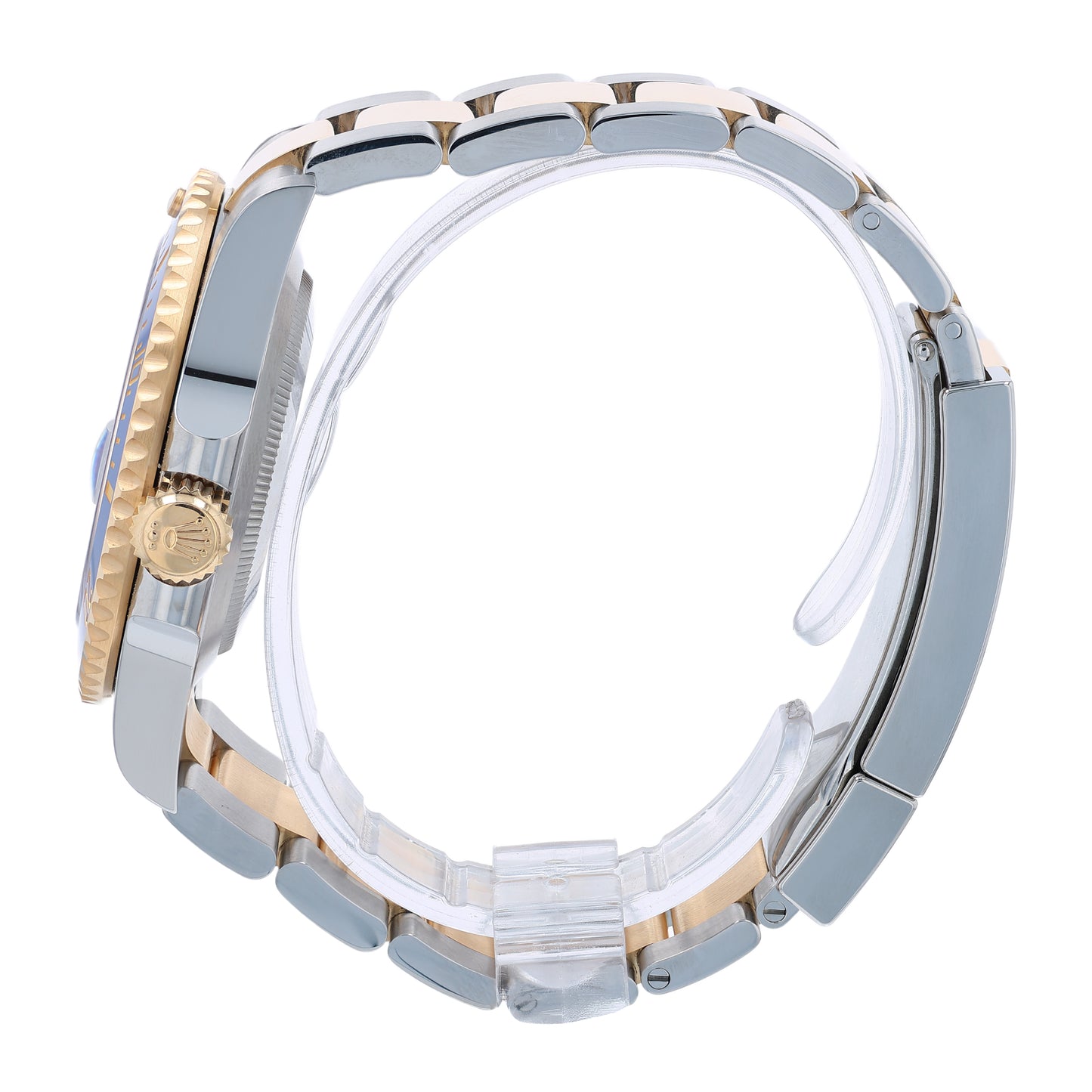 Side profile of a two-tone Rolex Submariner watch on a white background