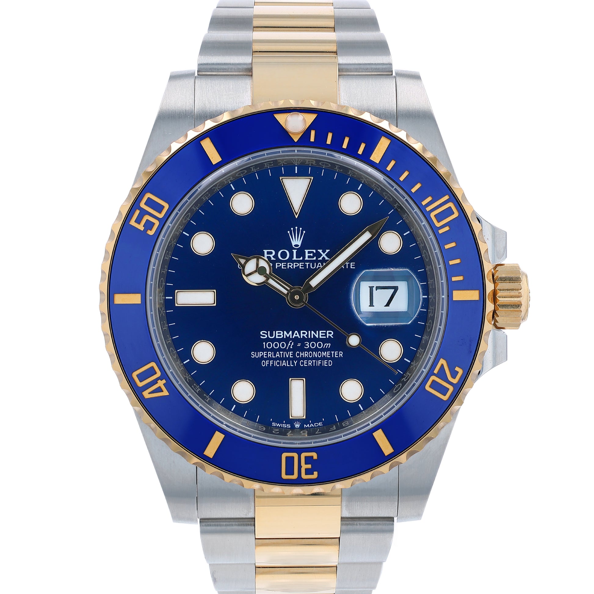 Two-tone Rolex Submariner watch with blue dial and ceramic bezel on a white background
