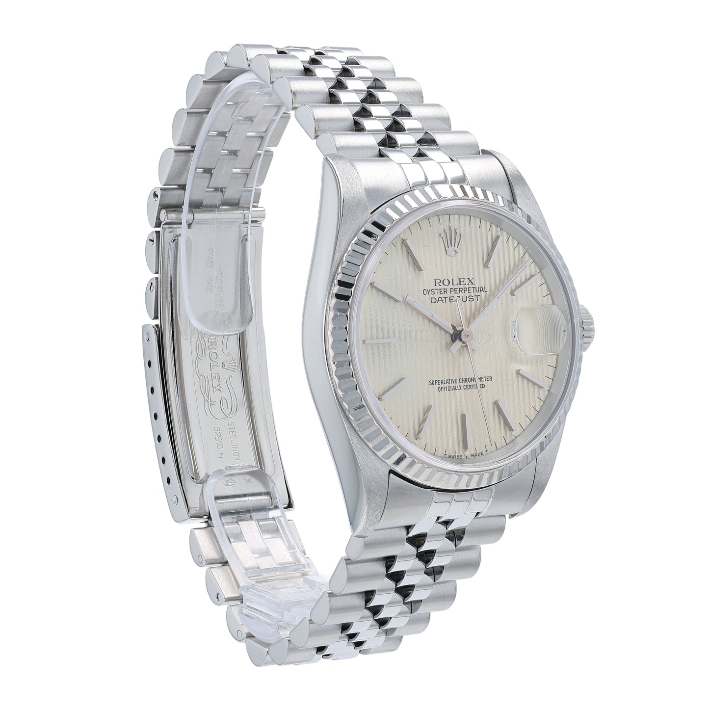 Angle of a Rolex watch with a silver tapestry dial and a white gold fluted bezel on a white background