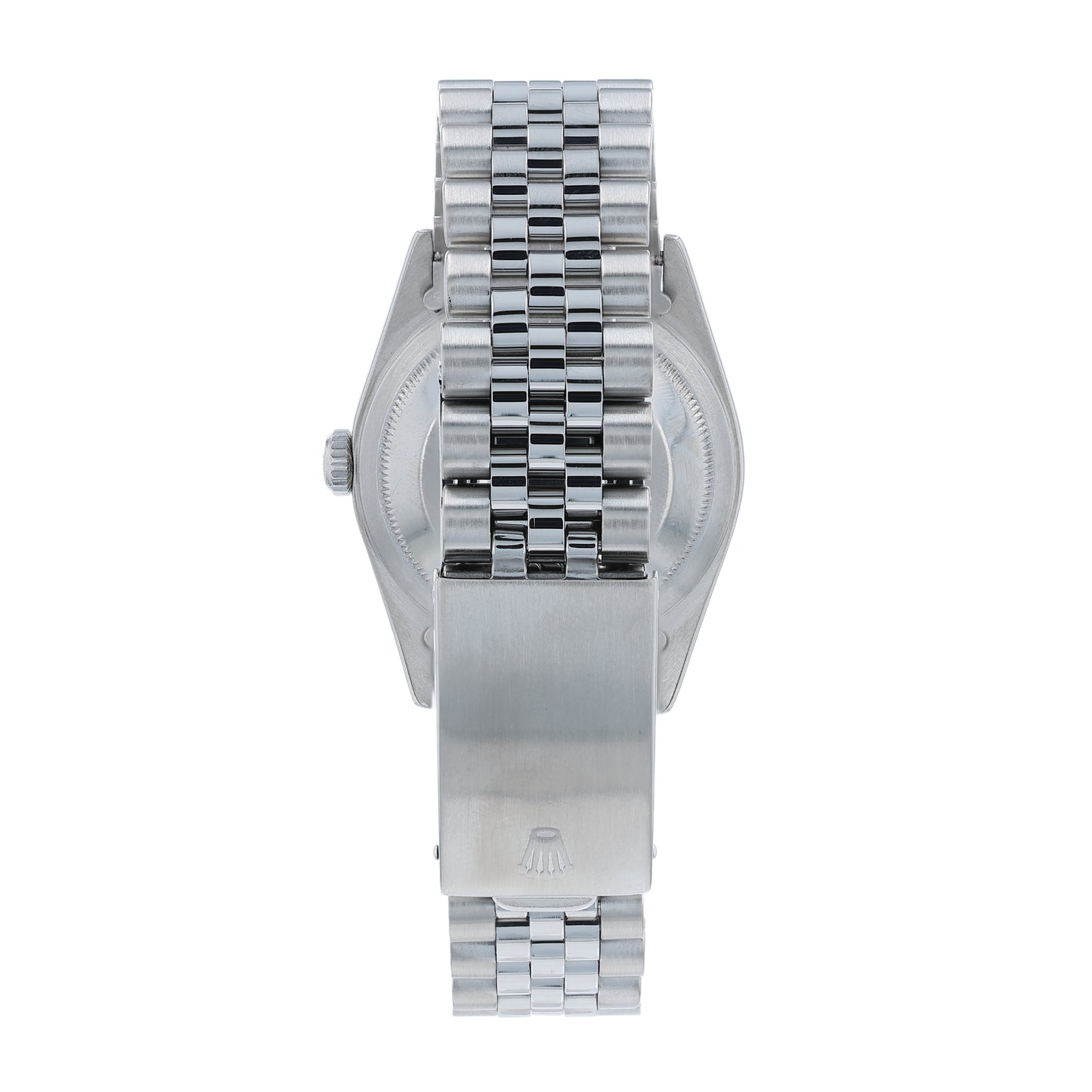 Back angle of a Rolex watch with a silver tapestry dial and a white gold fluted bezel on a white background