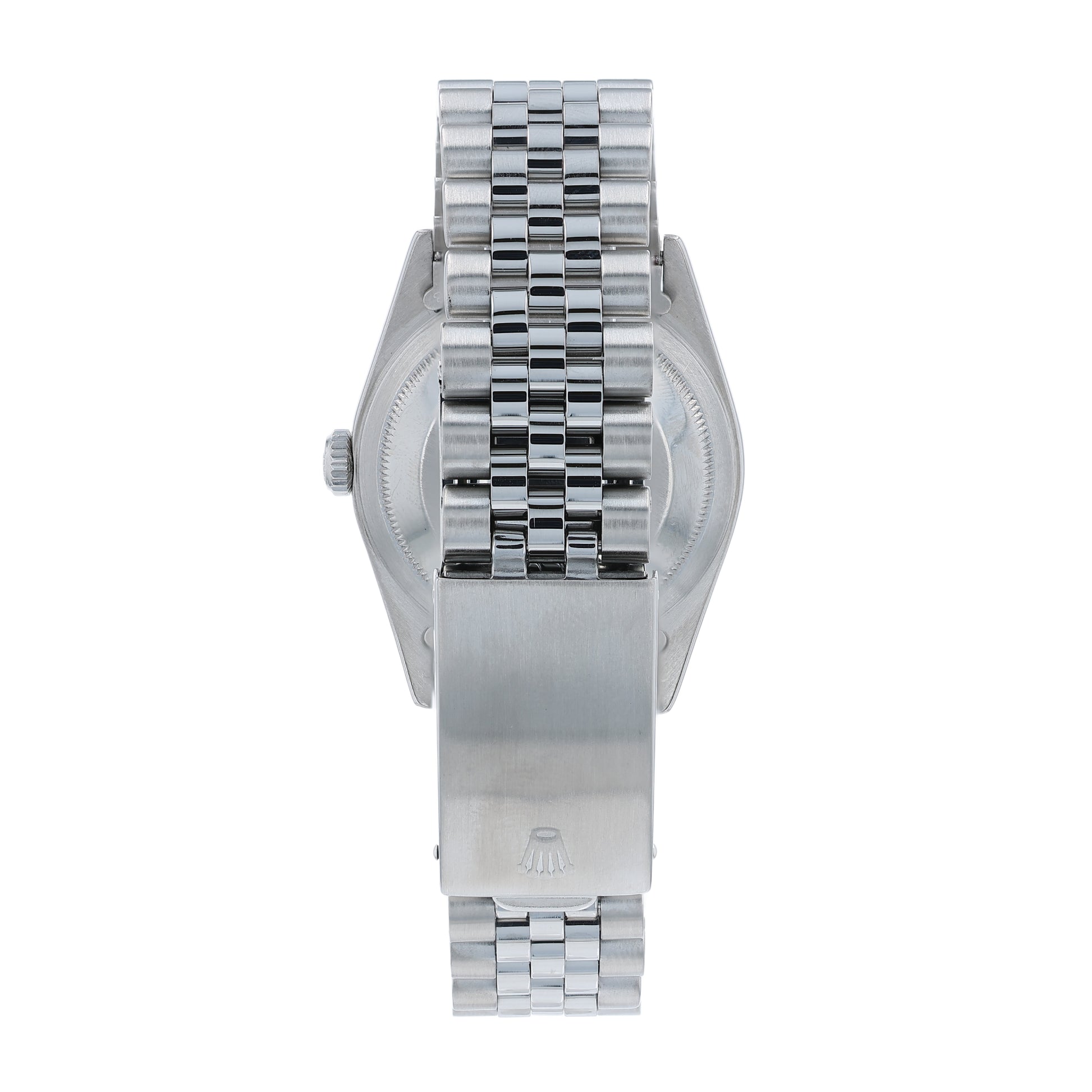 Back angle of a Rolex watch with a silver tapestry dial and a white gold fluted bezel on a white background