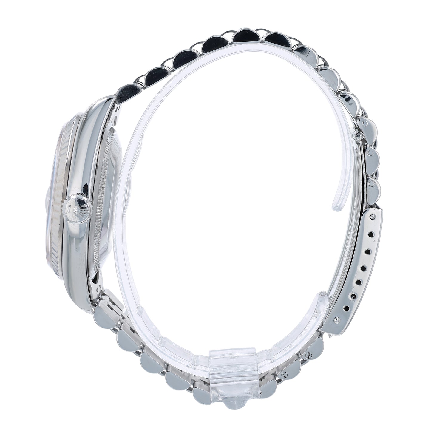 Side profile of a Rolex watch with a silver tapestry dial and a white gold fluted bezel on a white background