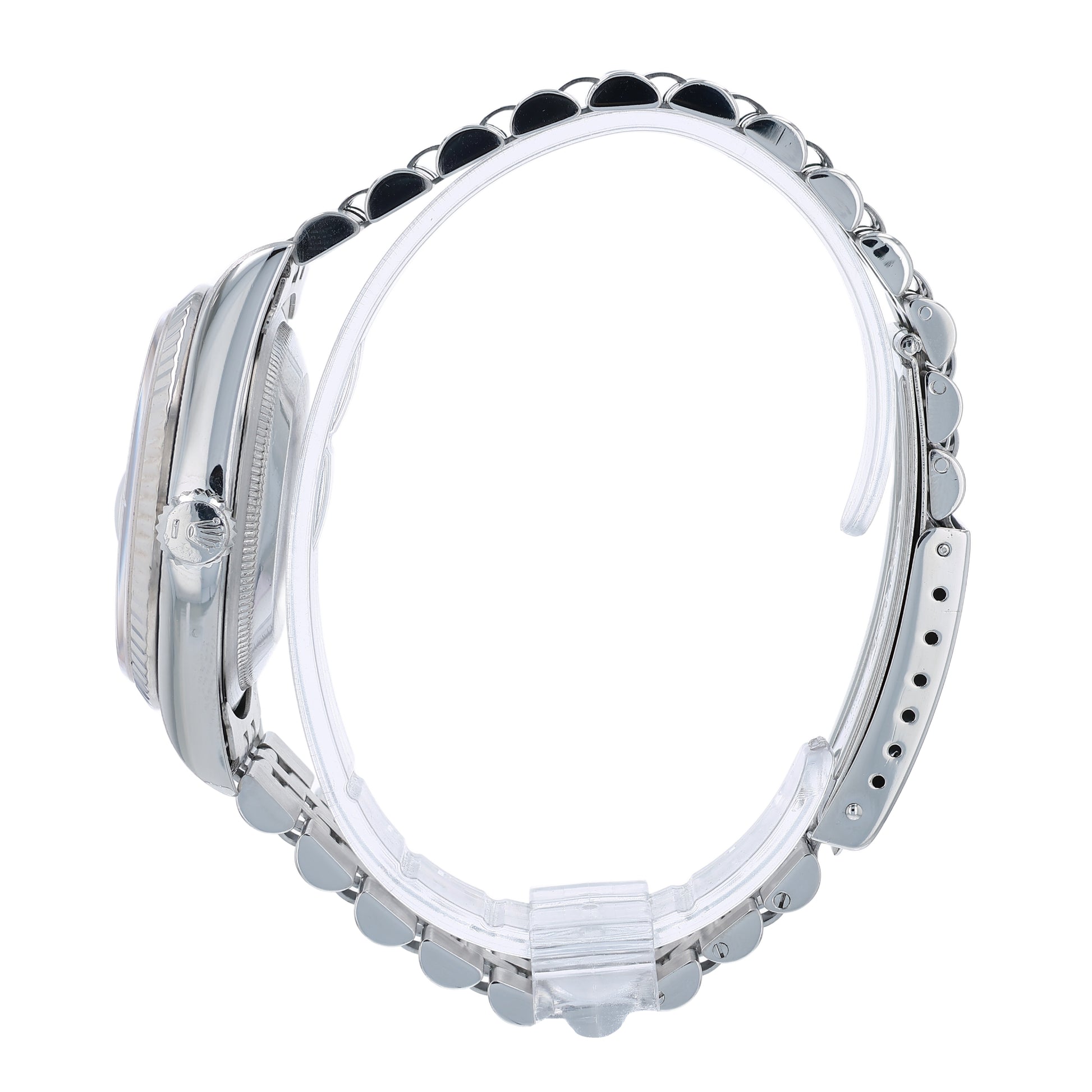 Side profile of a Rolex watch with a silver tapestry dial and a white gold fluted bezel on a white background