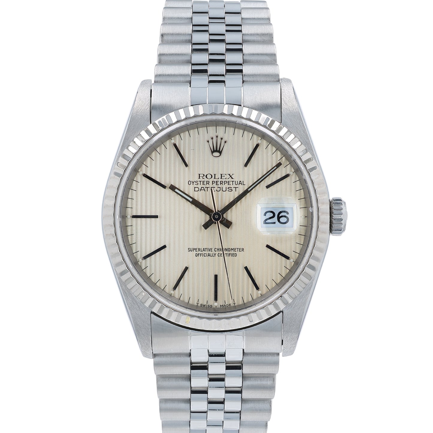 Rolex watch with a silver tapestry dial and a white gold fluted bezel on a white background