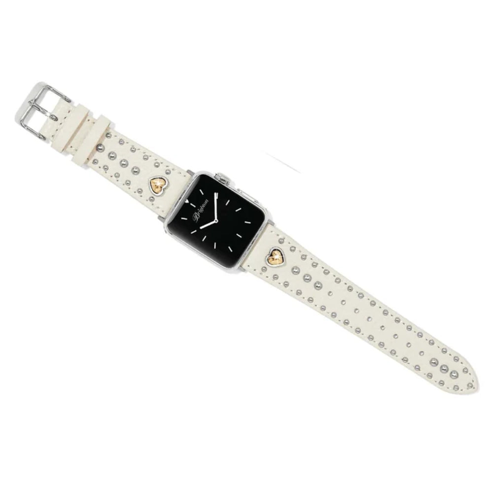 A silver watch with a white leather strap decorated with silver rhinestones, a small gold heart charm, and a silver buckle, shown on a plain white background.