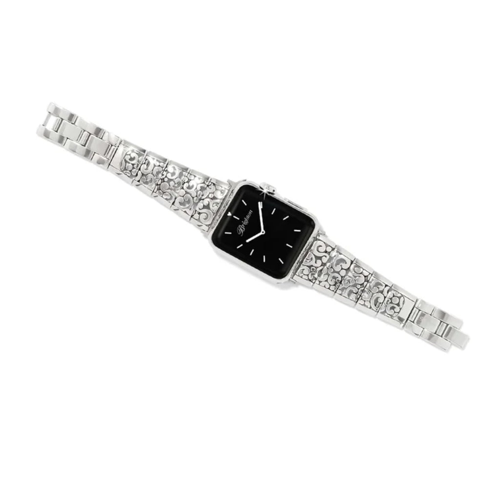 A silver-tone watch with a rectangular black dial and a highly embellished rhinestone-encrusted metal link band, shown on a plain white background.