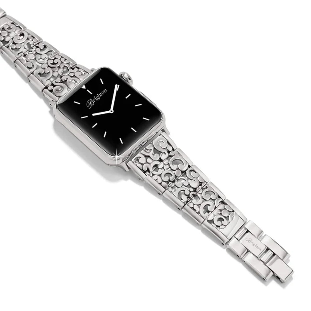 Silver watch with black face on a white background