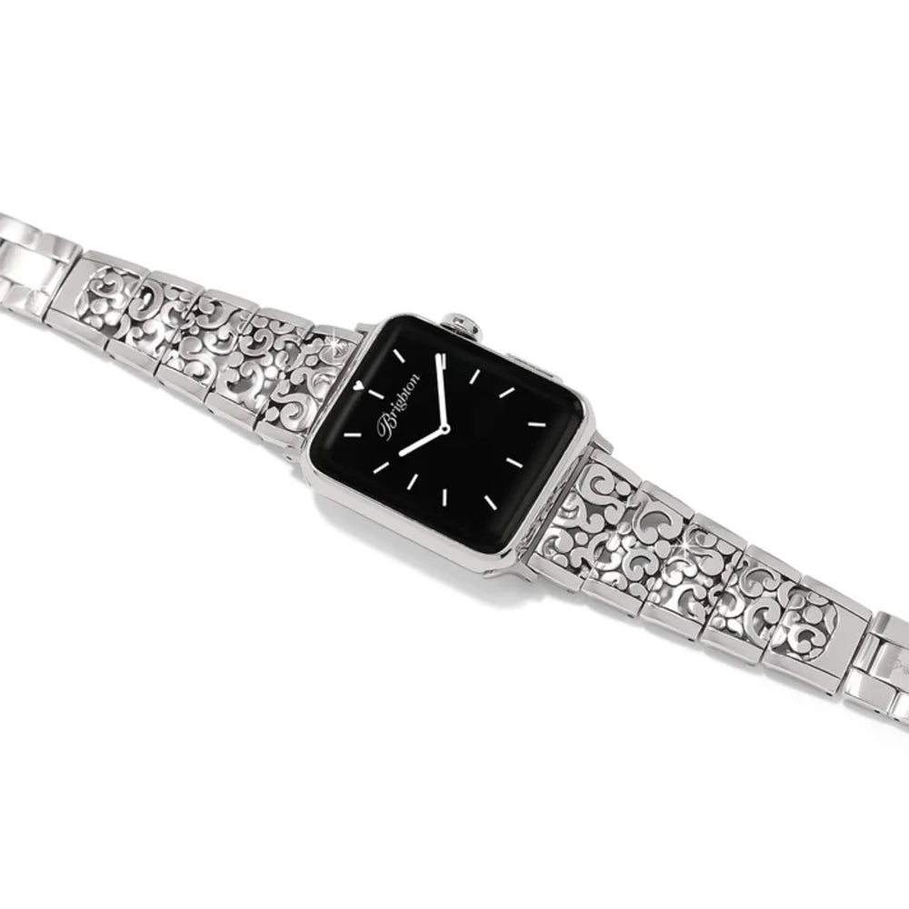 A silver-toned stainless steel watch with a rectangular black dial and an ornate, textured link bracelet, shown on a plain white background.