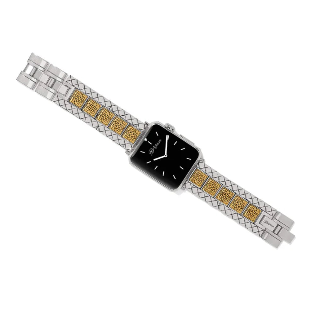A silver-toned stainless steel watch band with alternating textured silver links and gold-toned links featuring an engraved geometric pattern, shown on a smartwatch with a black face against a plain white background.
