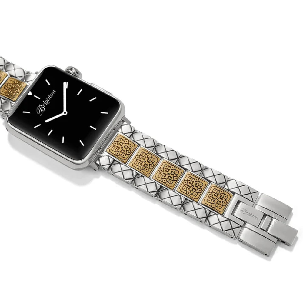 Silver and gold watch with a black face on a white background