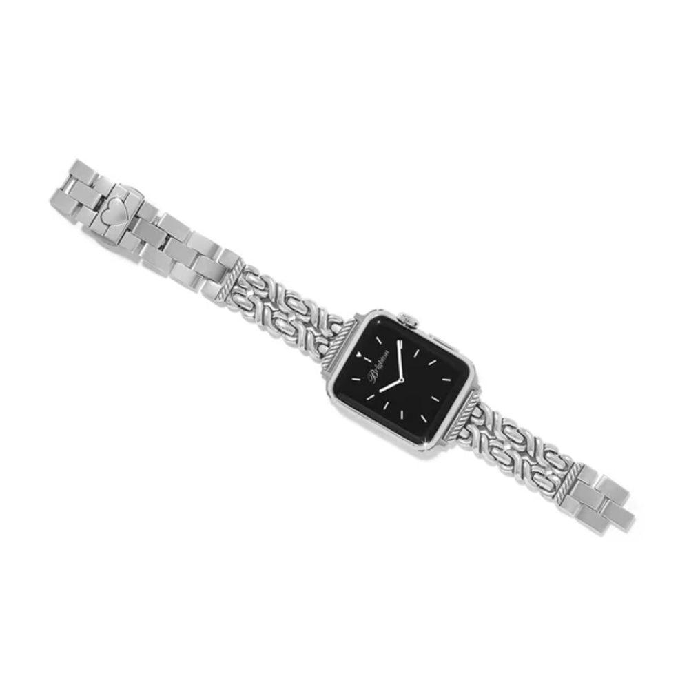 A silver-toned metal watch with a rectangular black dial and a decorative interlocking link bracelet, shown on a plain white background.