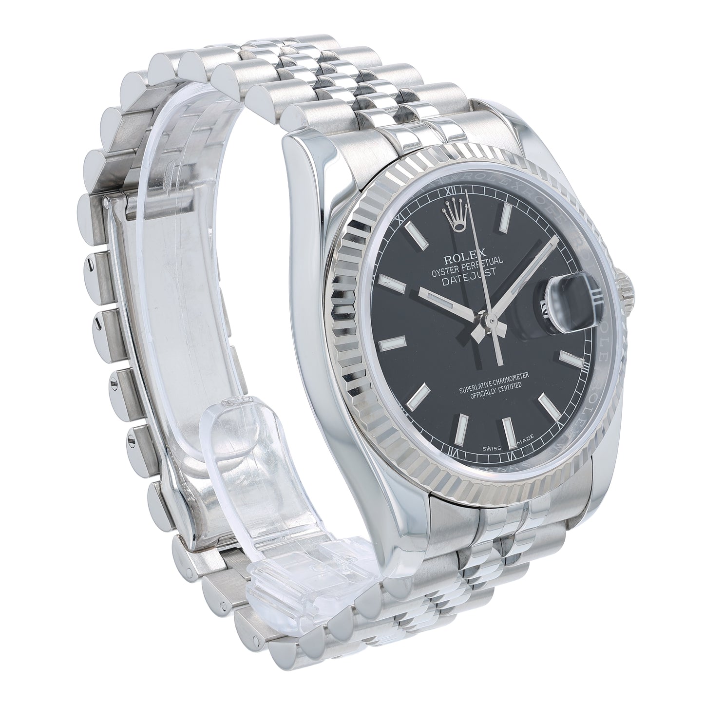 Angle of a silver Rolex watch with a black dial and fluted white gold bezel on a white background
