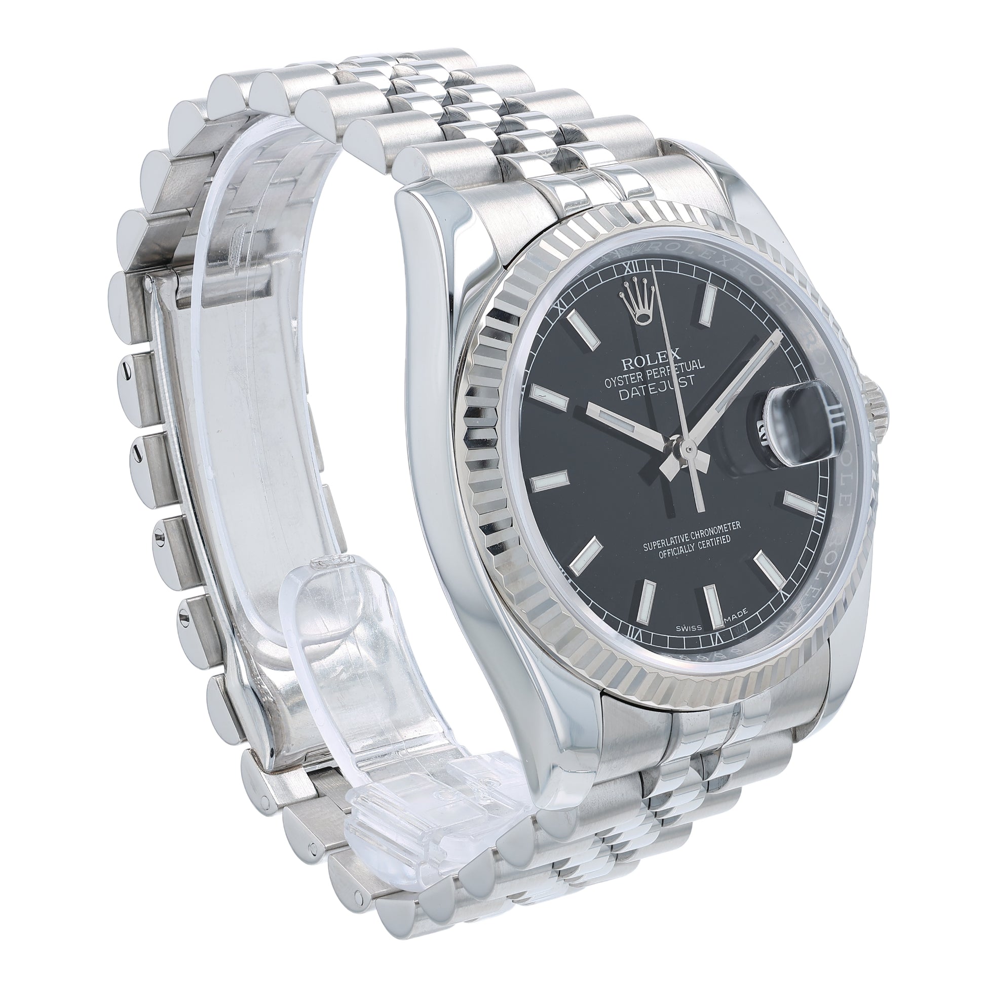 Angle of a silver Rolex watch with a black dial and fluted white gold bezel on a white background