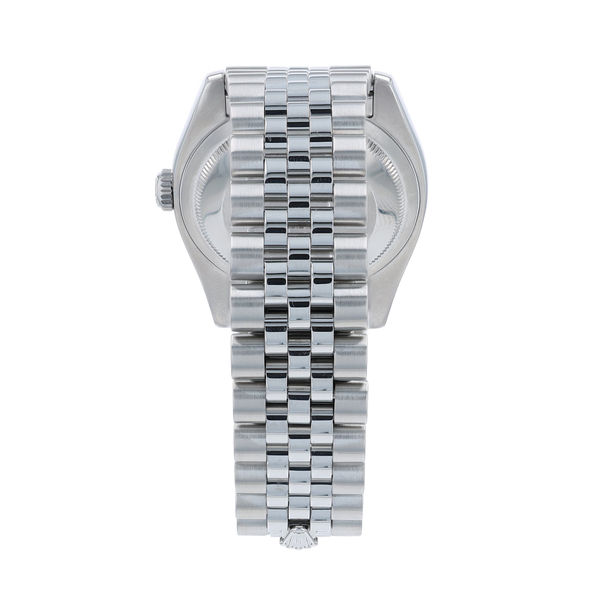 Back angle of a silver Rolex watch on a white background