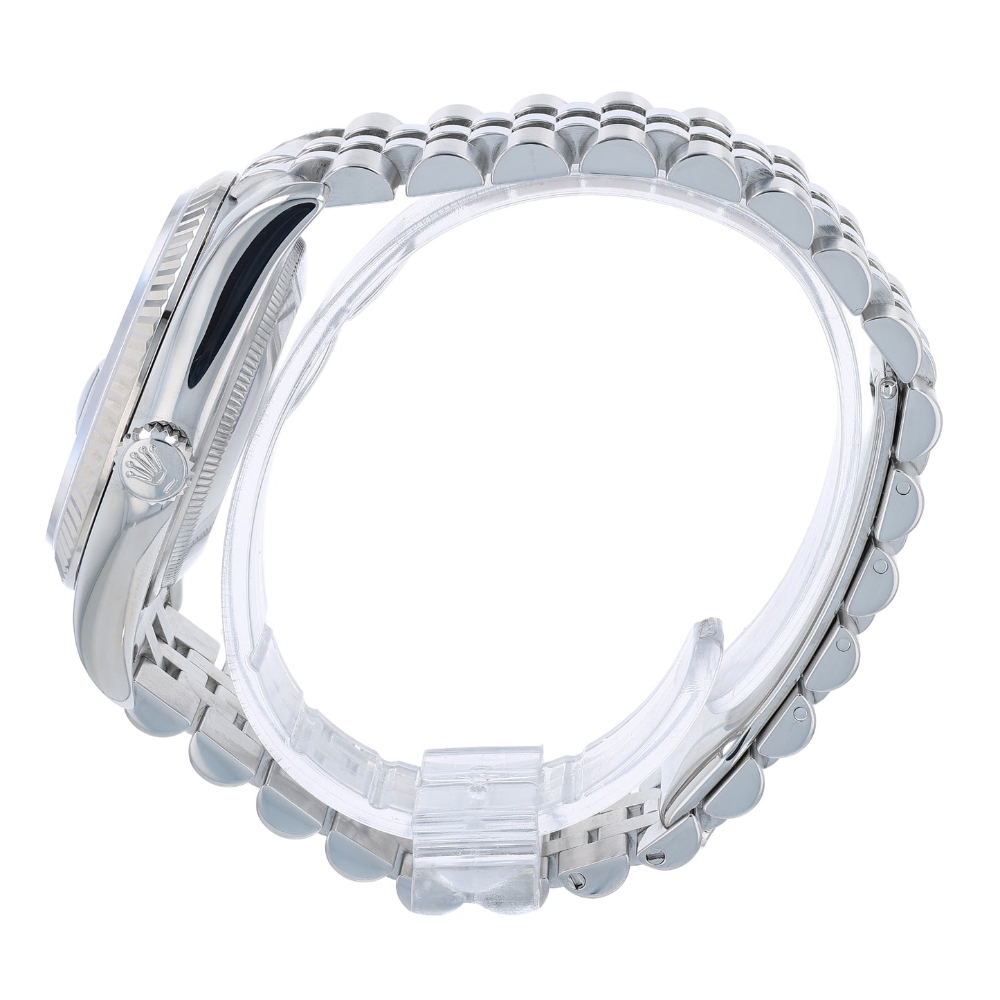 Side profile of a silver Rolex watch on a white background
