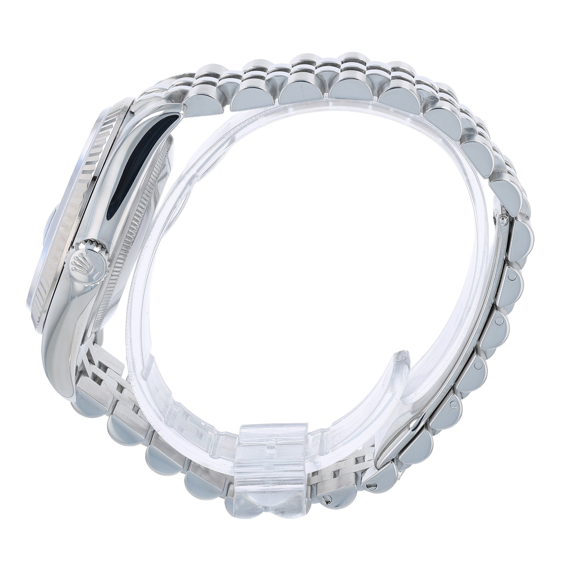 Side profile of a silver Rolex watch on a white background