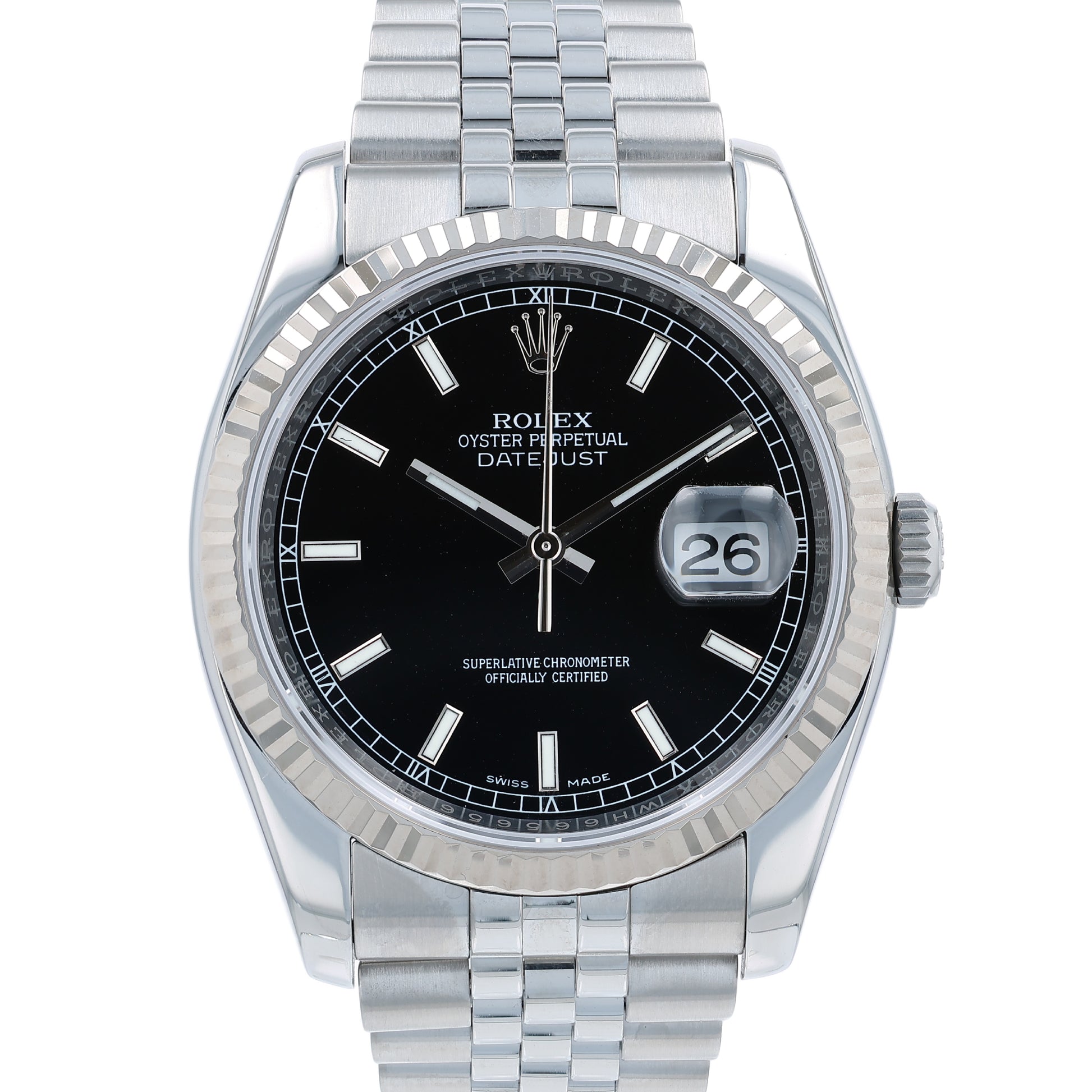Silver Rolex watch with a black dial and fluted white gold bezel on a white background