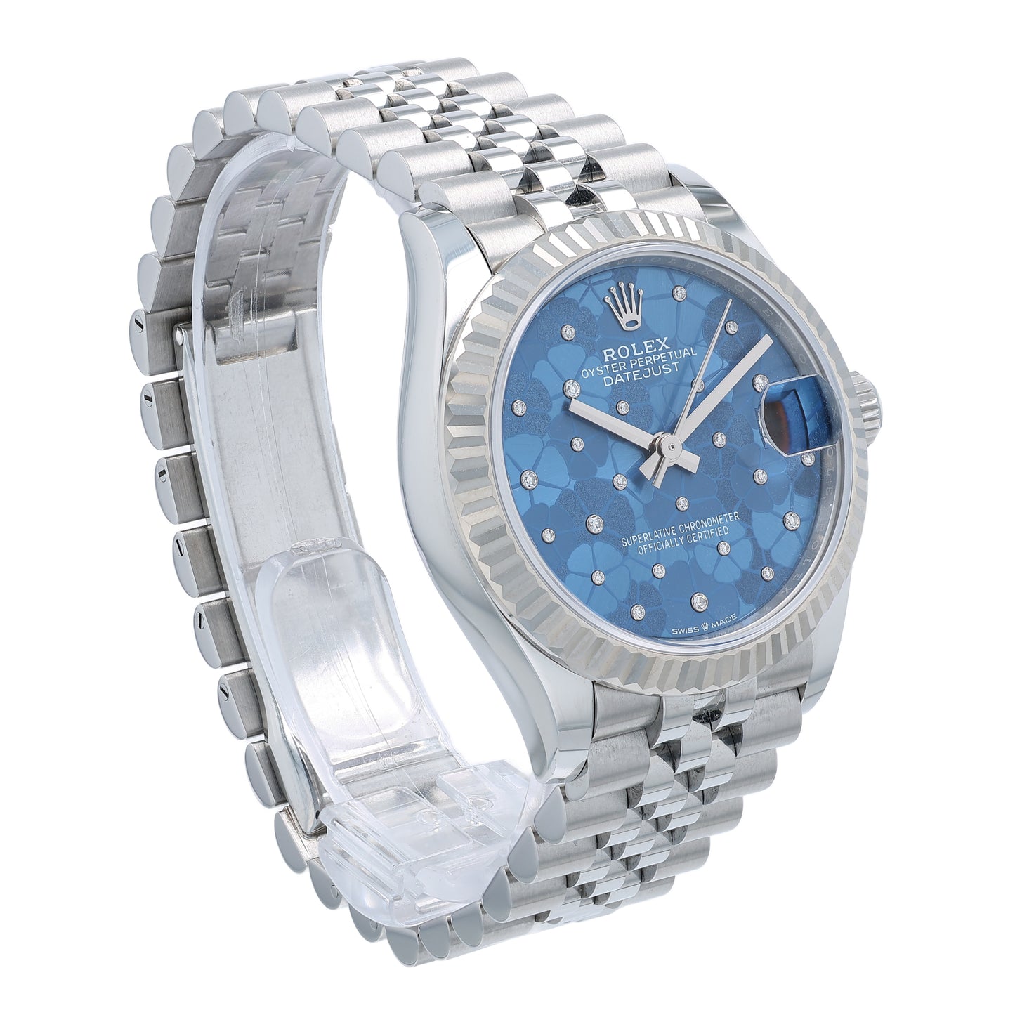 Side profile of a steel Rolex watch with blue floral diamond dial on a white background