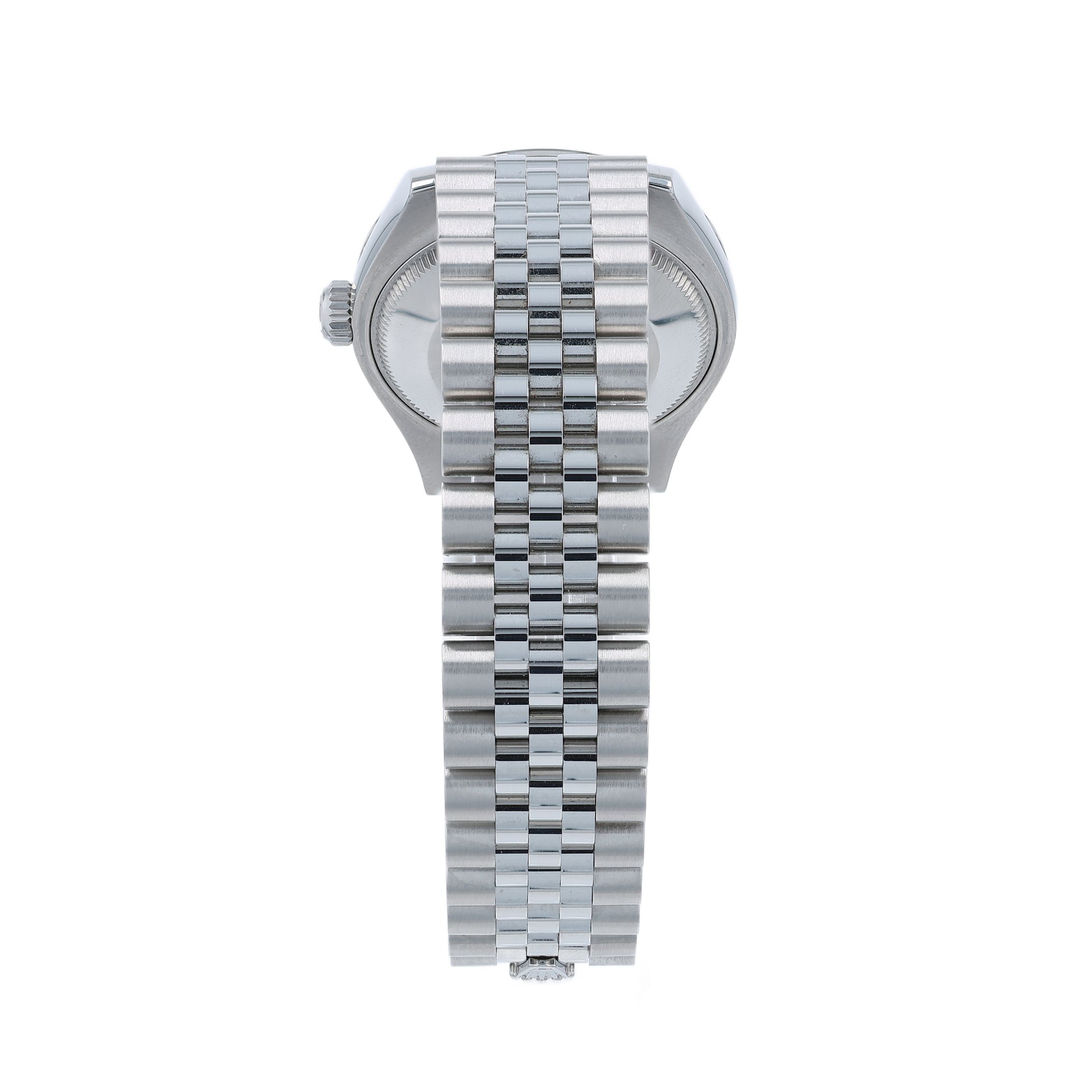 Back angle of a Steel Rolex watch on a white background