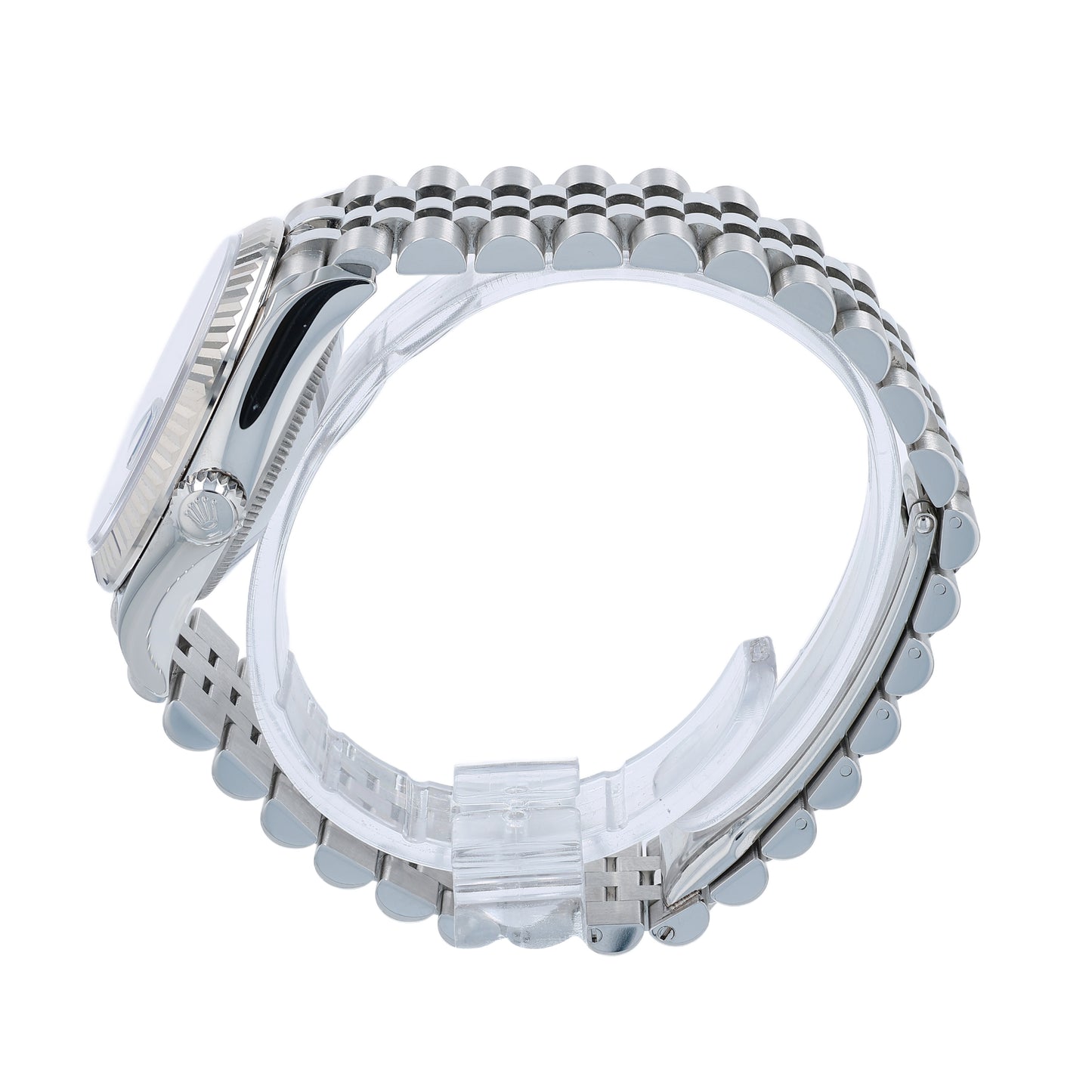 Side profile of a Steel Rolex watch on a white background