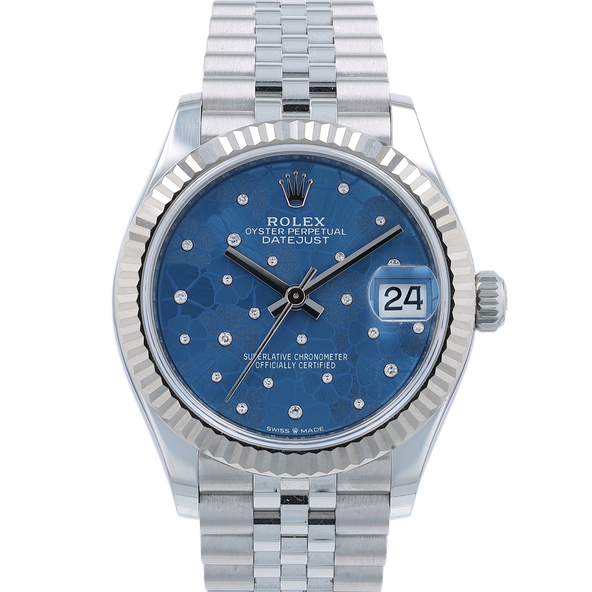 Steel Rolex watch with blue floral diamond dial on a white background
