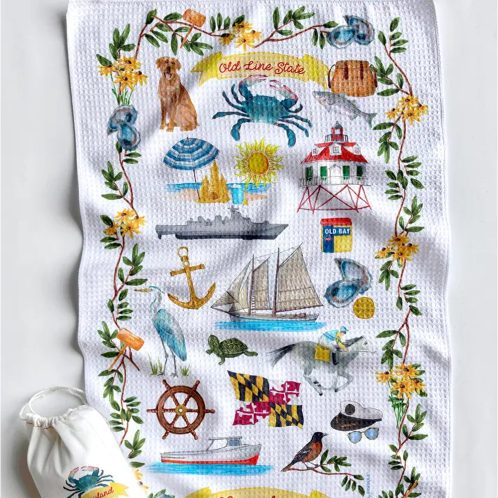 A white waffle-weave kitchen towel featuring a colorful cross-stitch style 'Old Line State' nautical and dog-themed design, shown flat with a matching drawstring bag on a white background.