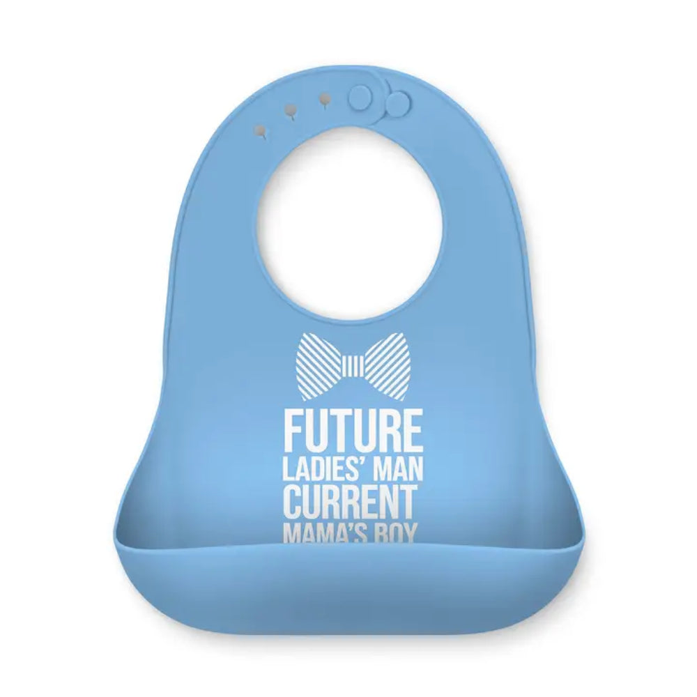 A light blue silicone baby bib with a white printed graphic that reads 'FUTURE LADIES' MAN CURRENT MAMA'S BOY' with a bow tie illustration, shown on a plain white background.