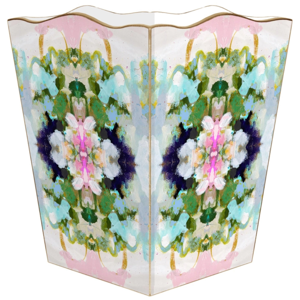 A decorative basket with a symmetrical floral pattern in pastel pink, mint green, light blue, white, and dark navy, outlined with a thin gold border on a white background.