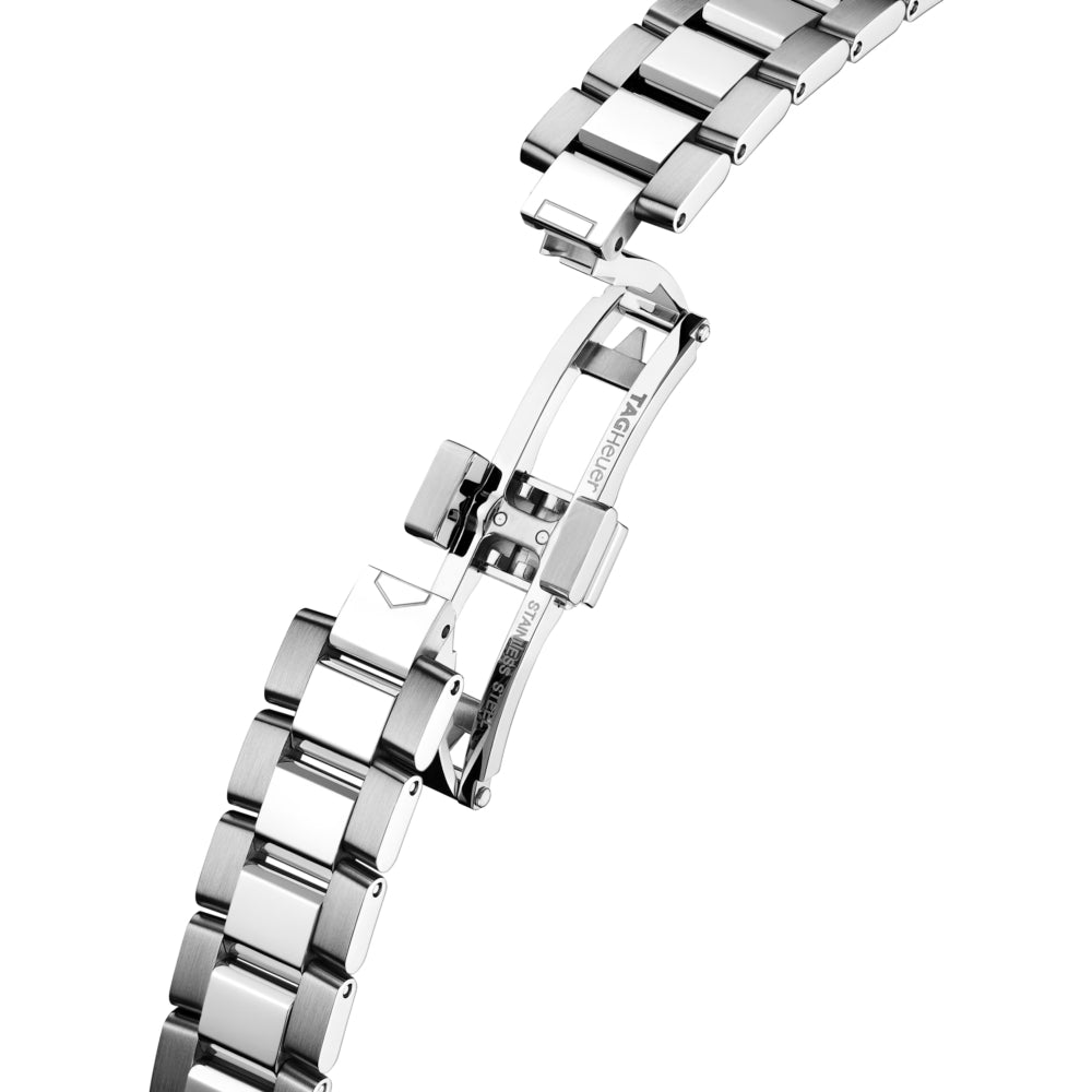Silver watch strap on a white background