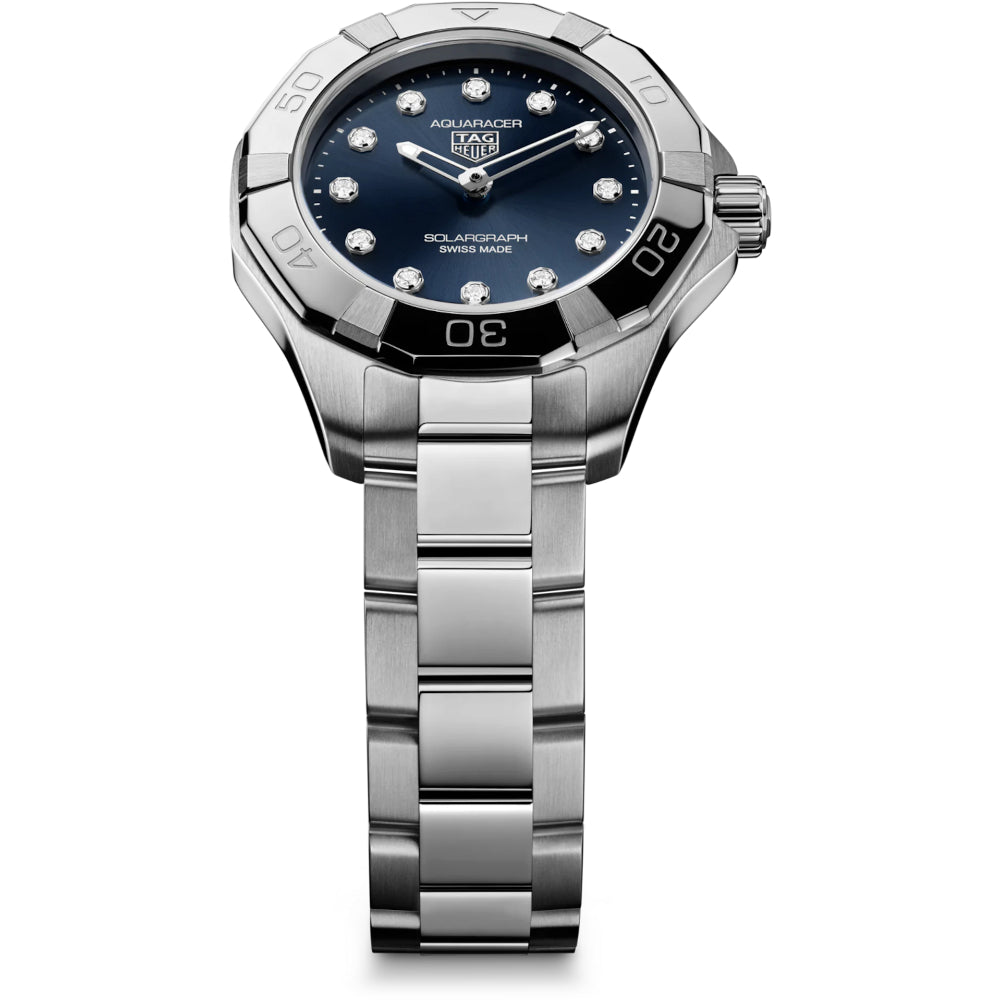 Silver watch with a blue face on a white background