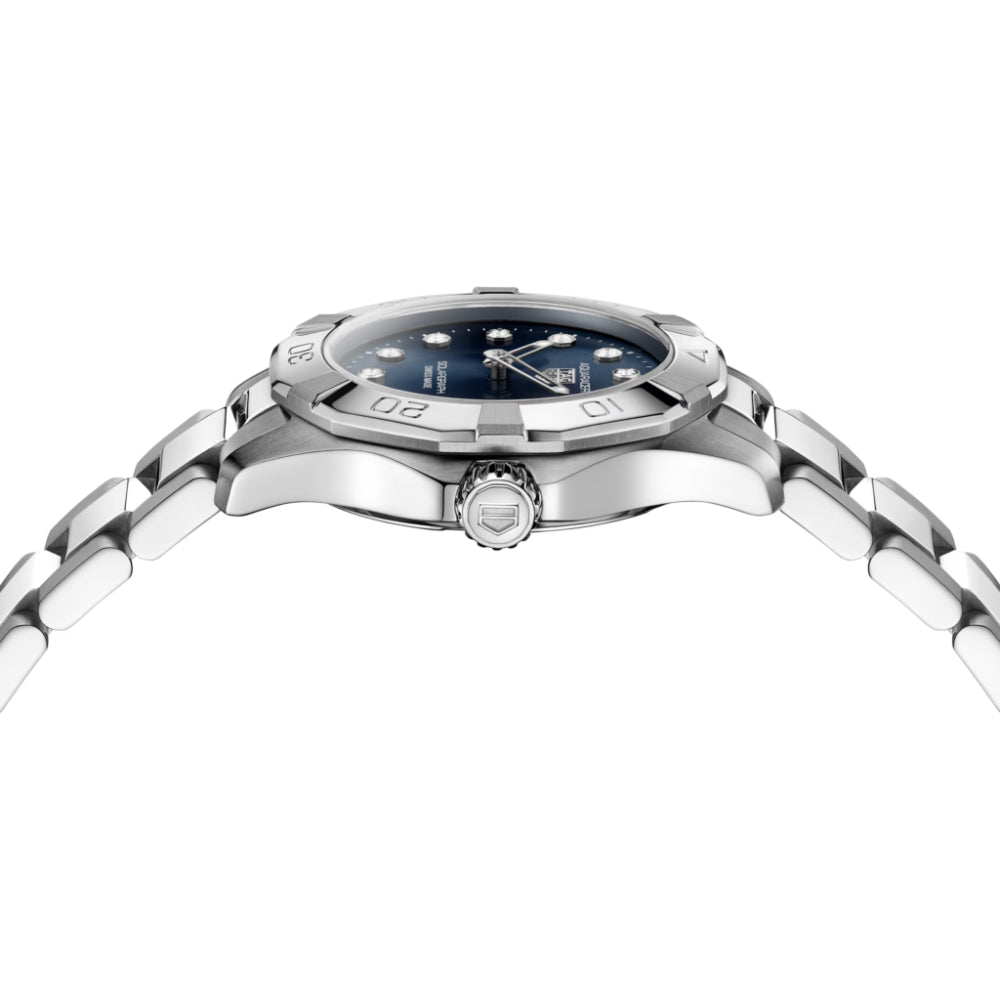 Silver watch with black dial on a white background