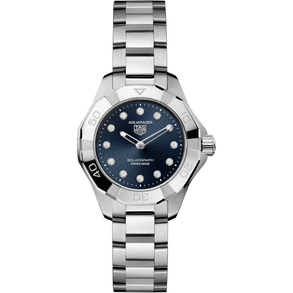 Silver watch with a blue dial on a white background