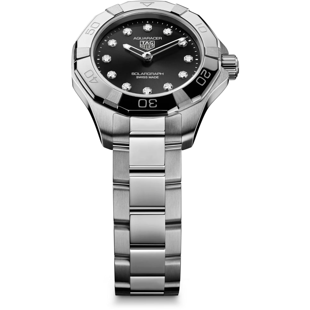 Silver watch with black dial featuring diamond-like stones on a white background