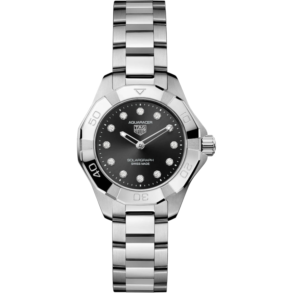 Silver watch with black dial on a white background