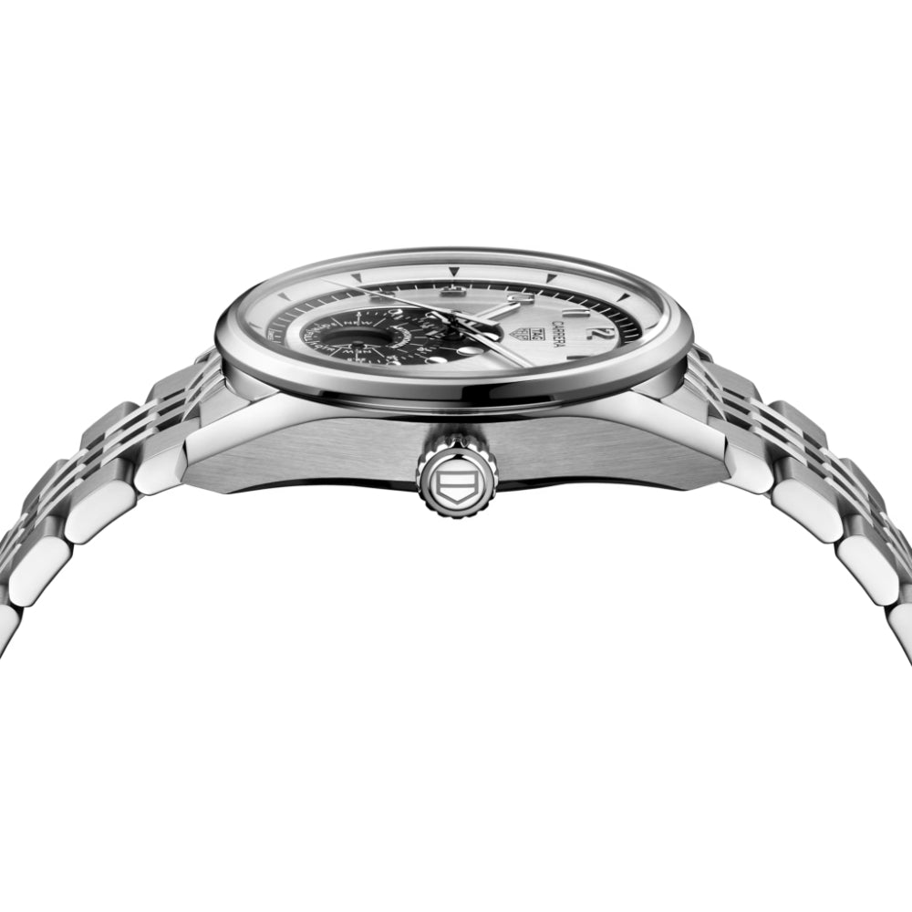 Silver wristwatch with detailed face on a white background