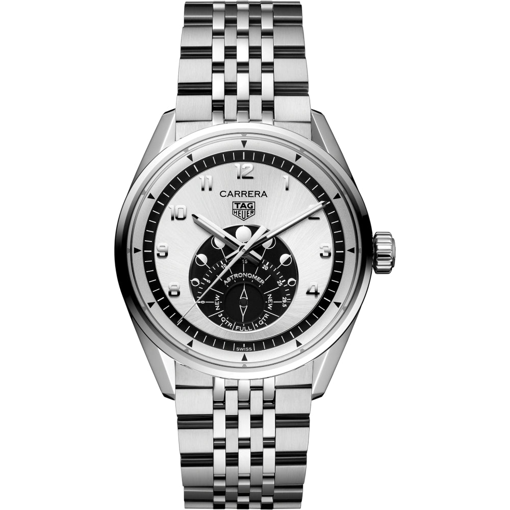 Silver watch with detailed face on a white background