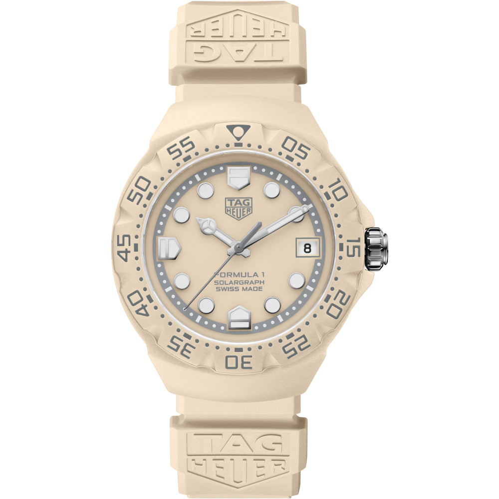 Beige TAG Heuer watch on a white background