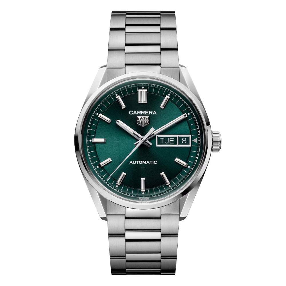 Steel TAG Heuer watch with a green dial on a white background