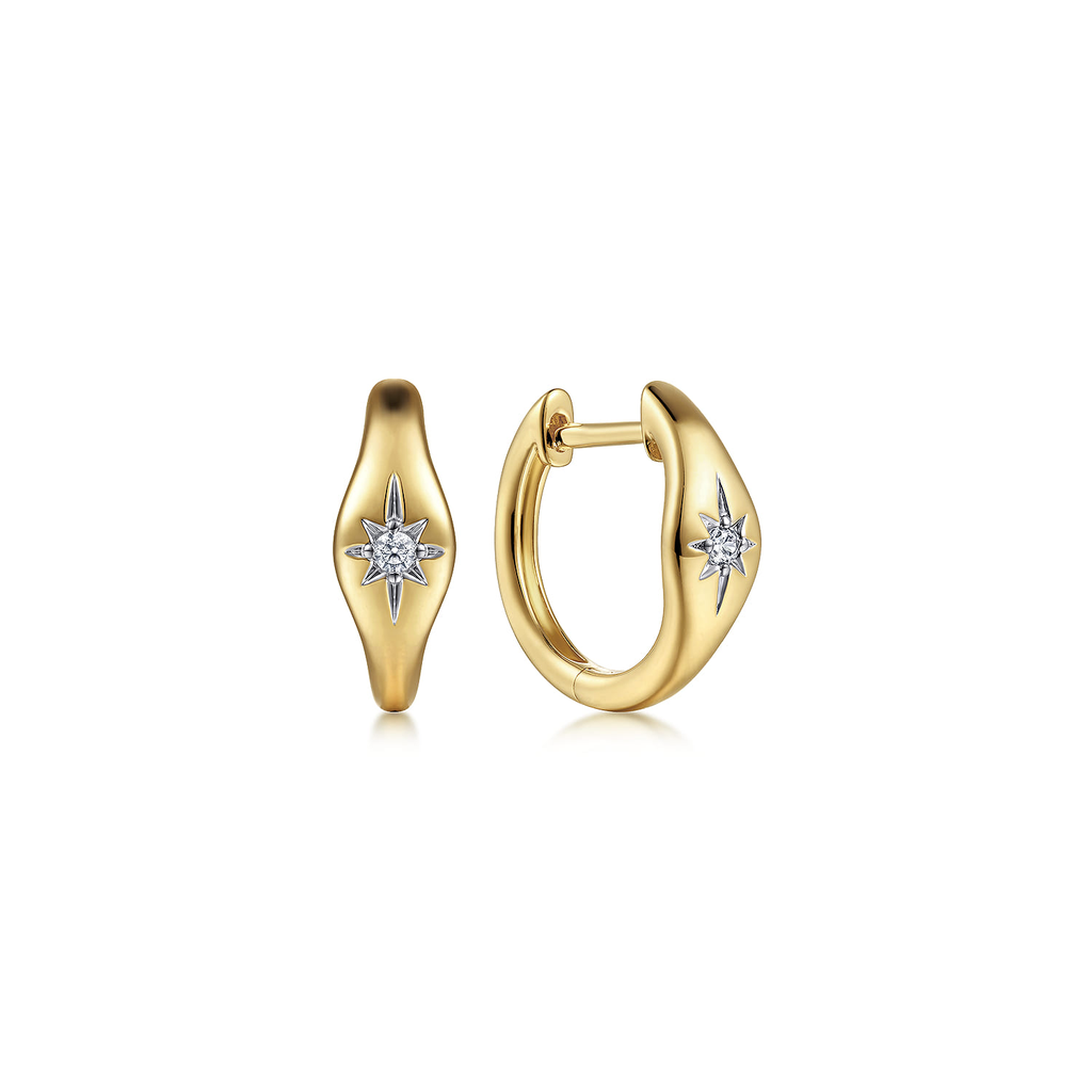 Gold hoop earrings with star-shaped diamond accents on a white background