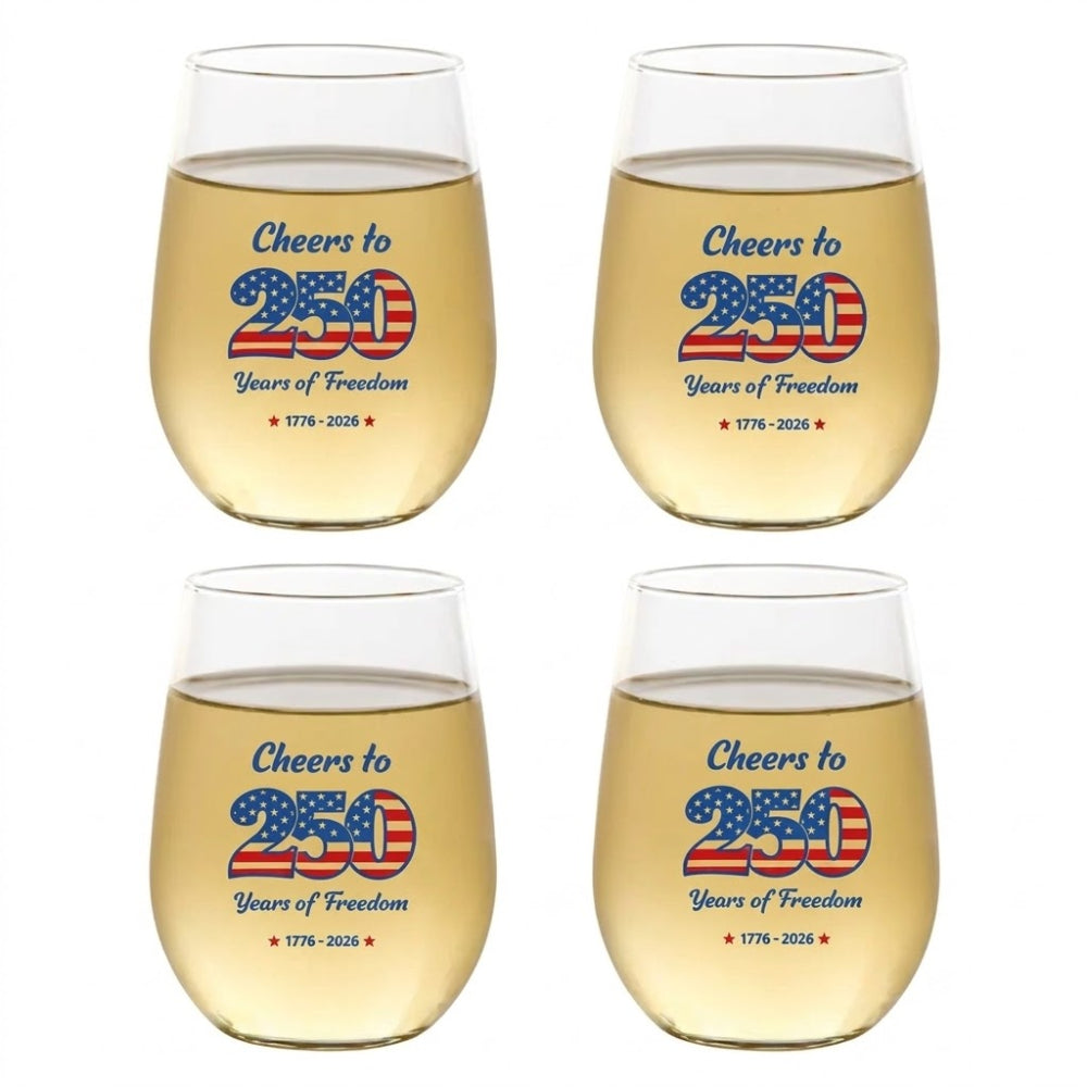 Four wine glasses with 'Cheers to 250 Years of Freedom' text and American flag design on a white background.