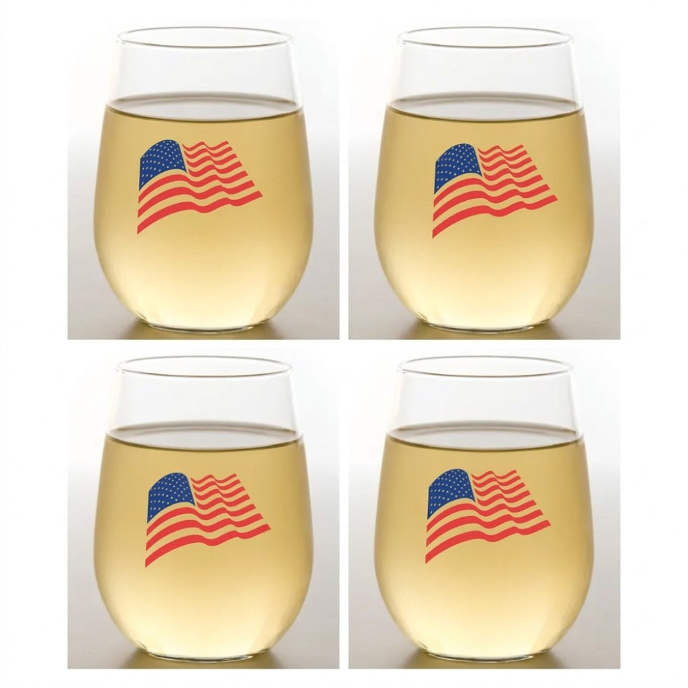 Four wine glasses with American flag design filled with a light yellow liquid on a white background.