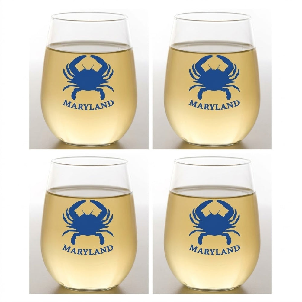 Four stemless wine glasses with blue crab design and 'Maryland' text, filled with a light yellow liquid.