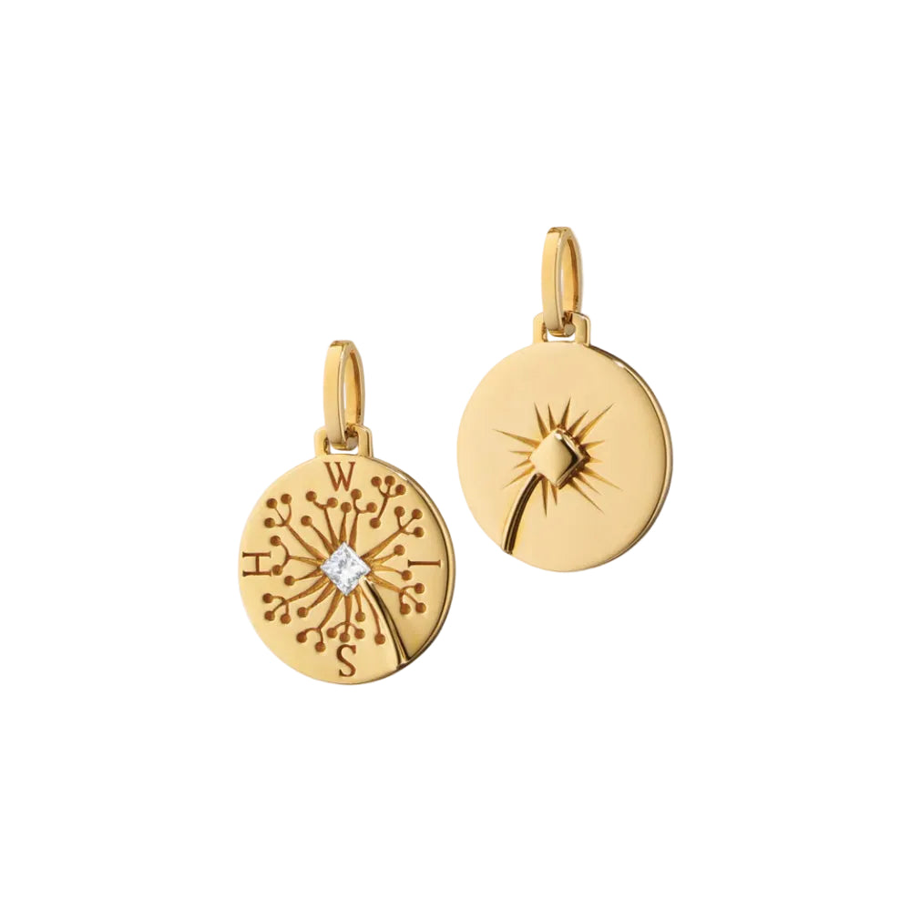 Two gold pendants on a light pink background